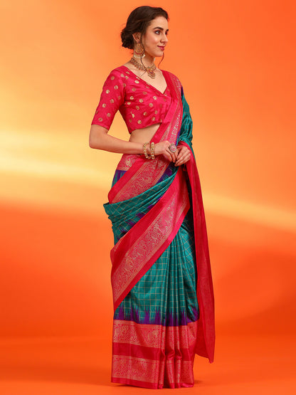 Women's Dola Silk Teal blue Printed Designer Saree With Blouse Piece