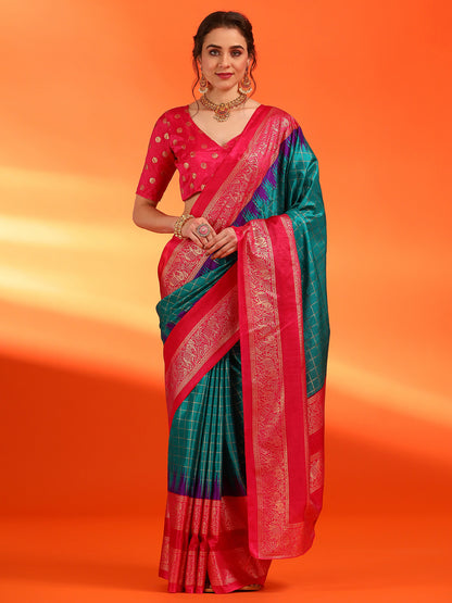 Women's Dola Silk Teal blue Printed Designer Saree With Blouse Piece