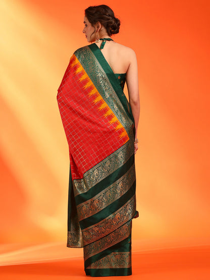 Women's Dola Silk Red Printed Designer Saree With Blouse Piece