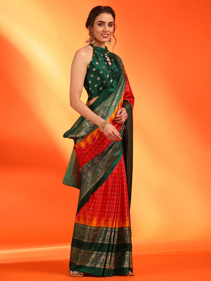 Women's Dola Silk Red Printed Designer Saree With Blouse Piece