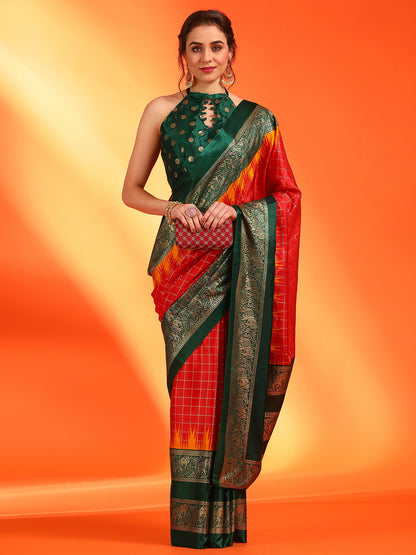 Women's Dola Silk Red Printed Designer Saree With Blouse Piece