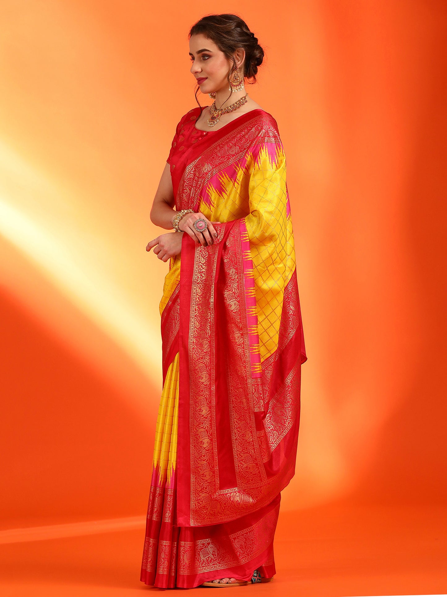 Women's Dola Silk Yellow Printed Designer Saree With Blouse Piece