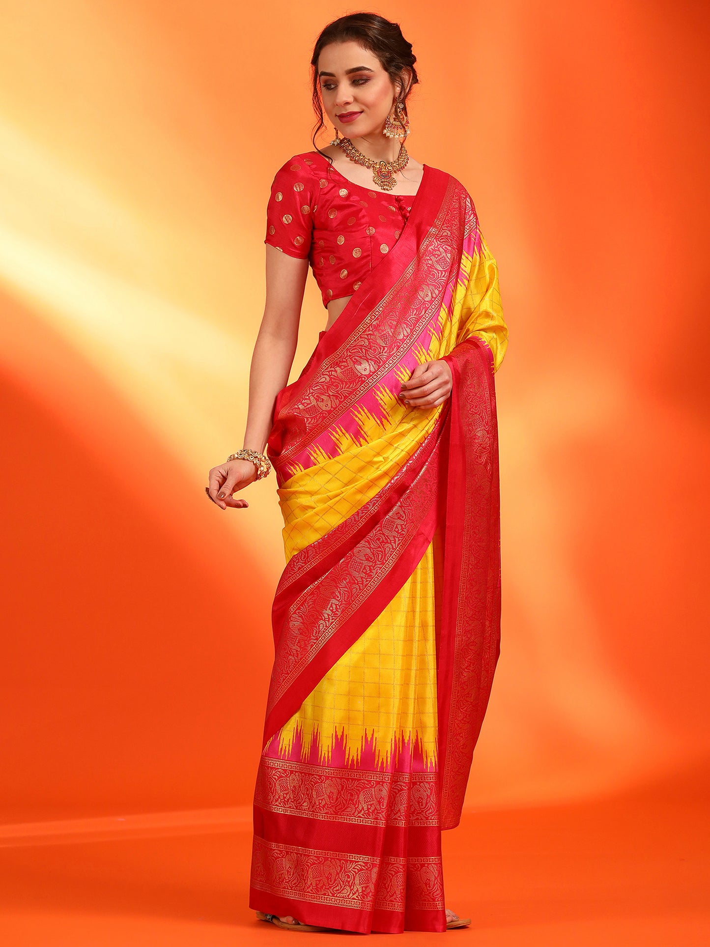 Women's Dola Silk Yellow Printed Designer Saree With Blouse Piece