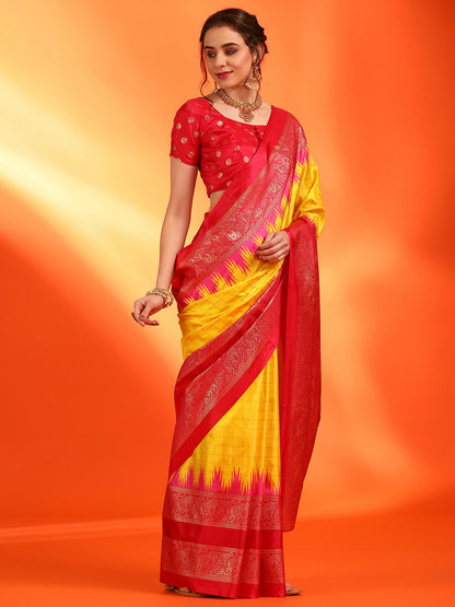 Women's Dola Silk Yellow Printed Designer Saree With Blouse Piece