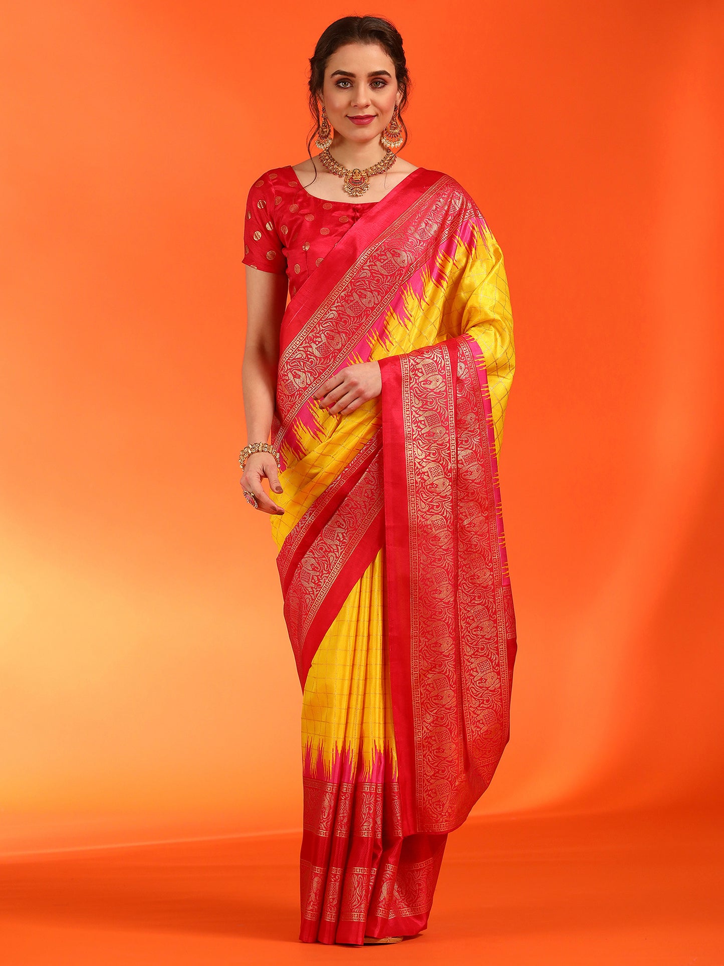 Women's Dola Silk Yellow Printed Designer Saree With Blouse Piece