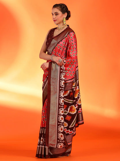 Women's Dola Silk Red Printed Designer Saree With Blouse Piece