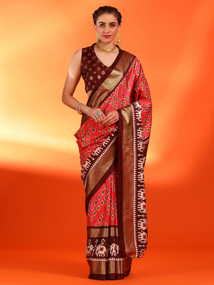 Women's Dola Silk Red Printed Designer Saree With Blouse Piece