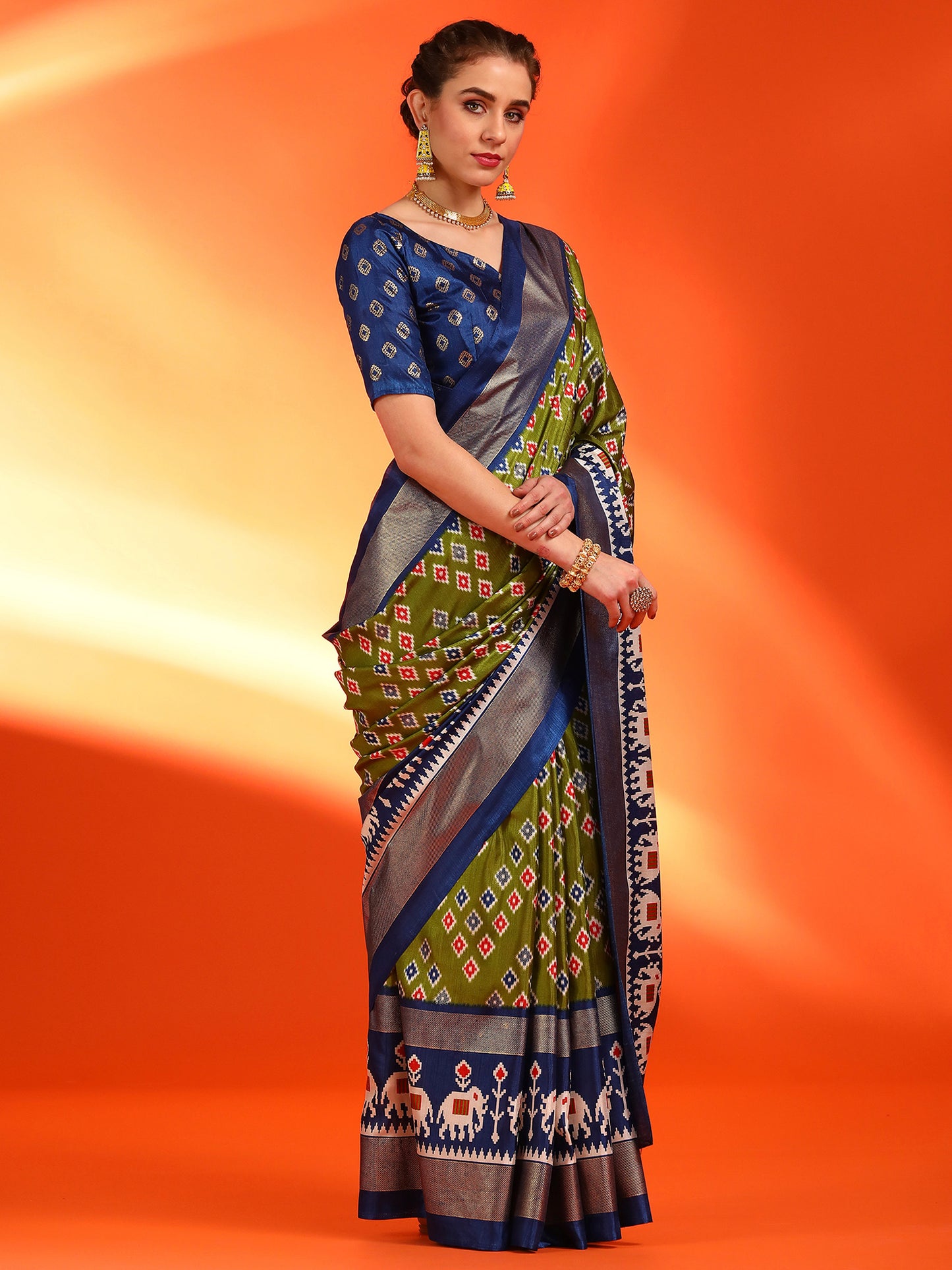 Women's Dola Silk Green Printed Designer Saree With Blouse Piece