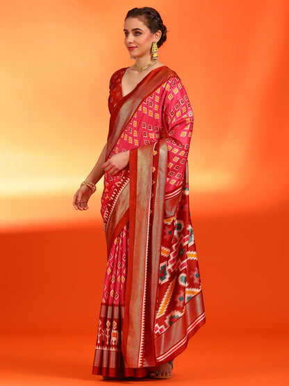Women's Dola Silk Pink Printed Designer Saree With Blouse Piece