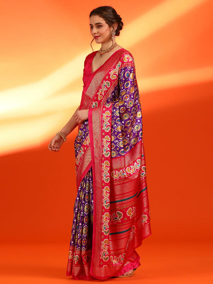 Women's Dola Silk Purple Printed Designer Saree With Blouse Piece