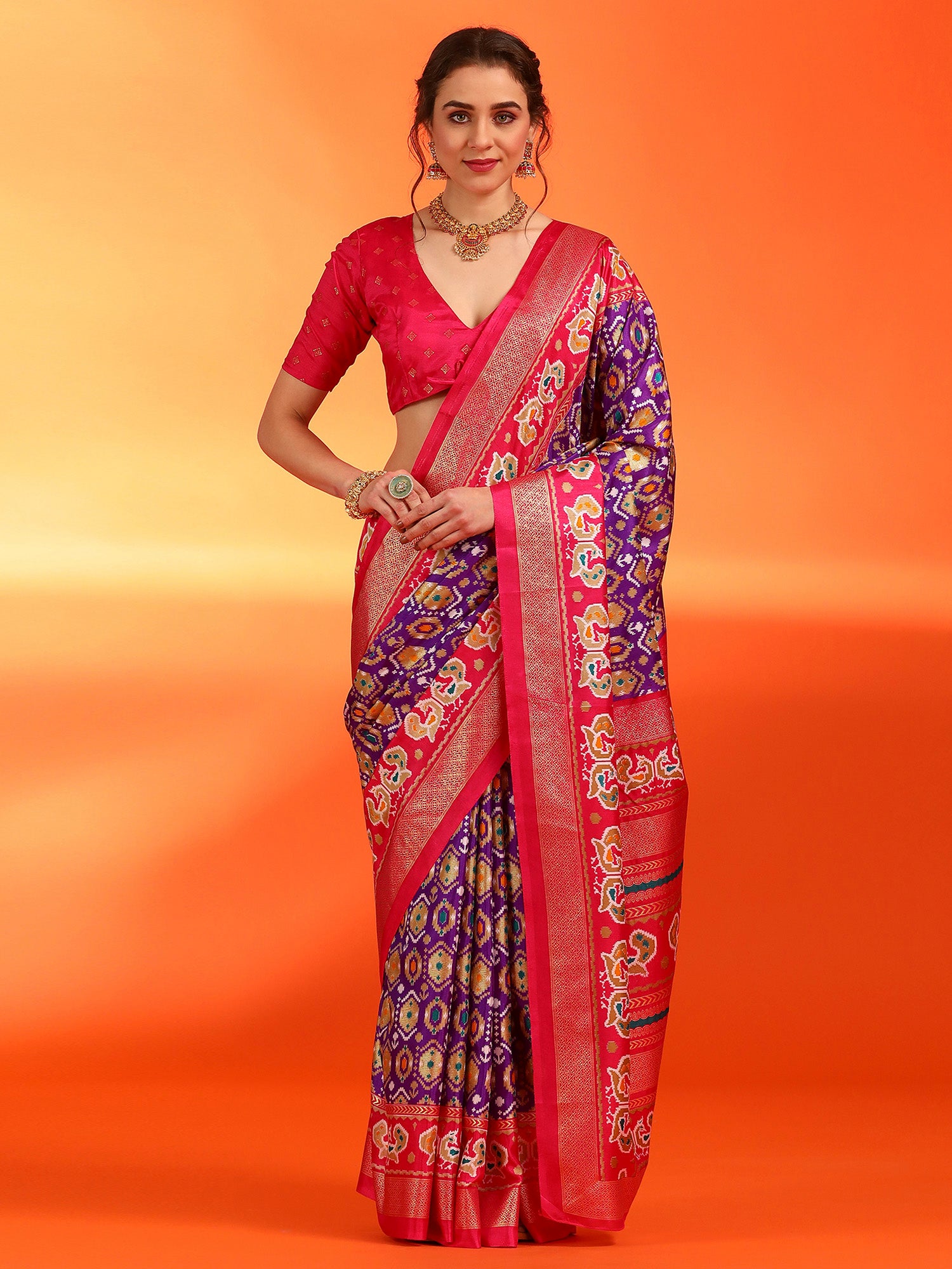 Women's Dola Silk Purple Printed Designer Saree With Blouse Piece