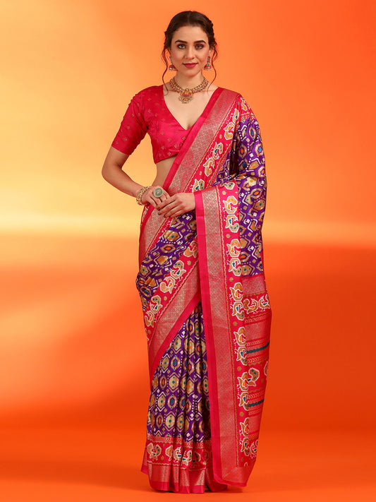 Women's Dola Silk Purple Printed Designer Saree With Blouse Piece