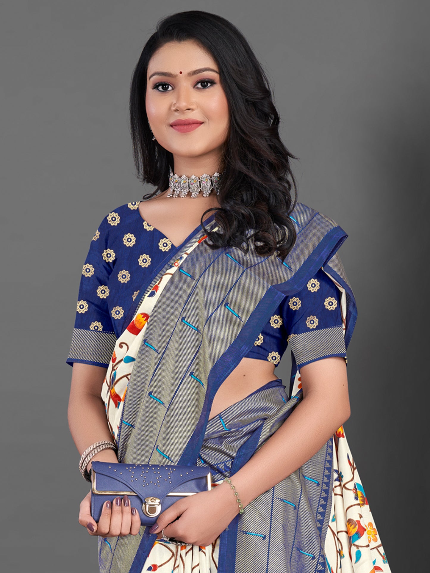 Women's Dola Silk Off White Printed Designer Saree With Blouse Piece