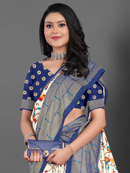 Women's Dola Silk Off White Printed Designer Saree With Blouse Piece