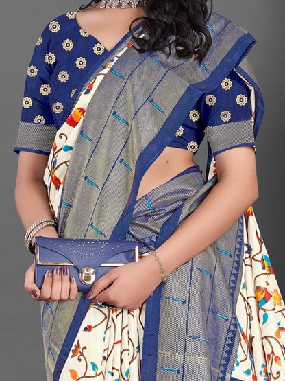 Women's Dola Silk Off White Printed Designer Saree With Blouse Piece