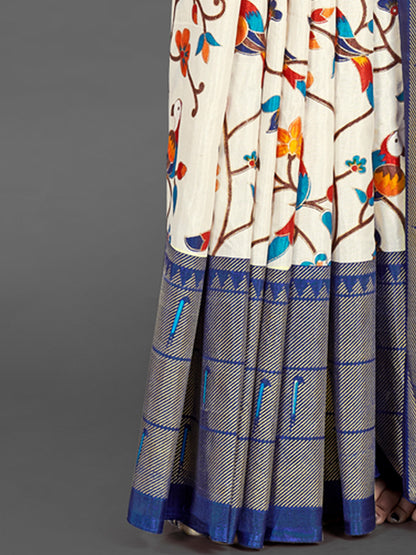 Women's Dola Silk Off White Printed Designer Saree With Blouse Piece