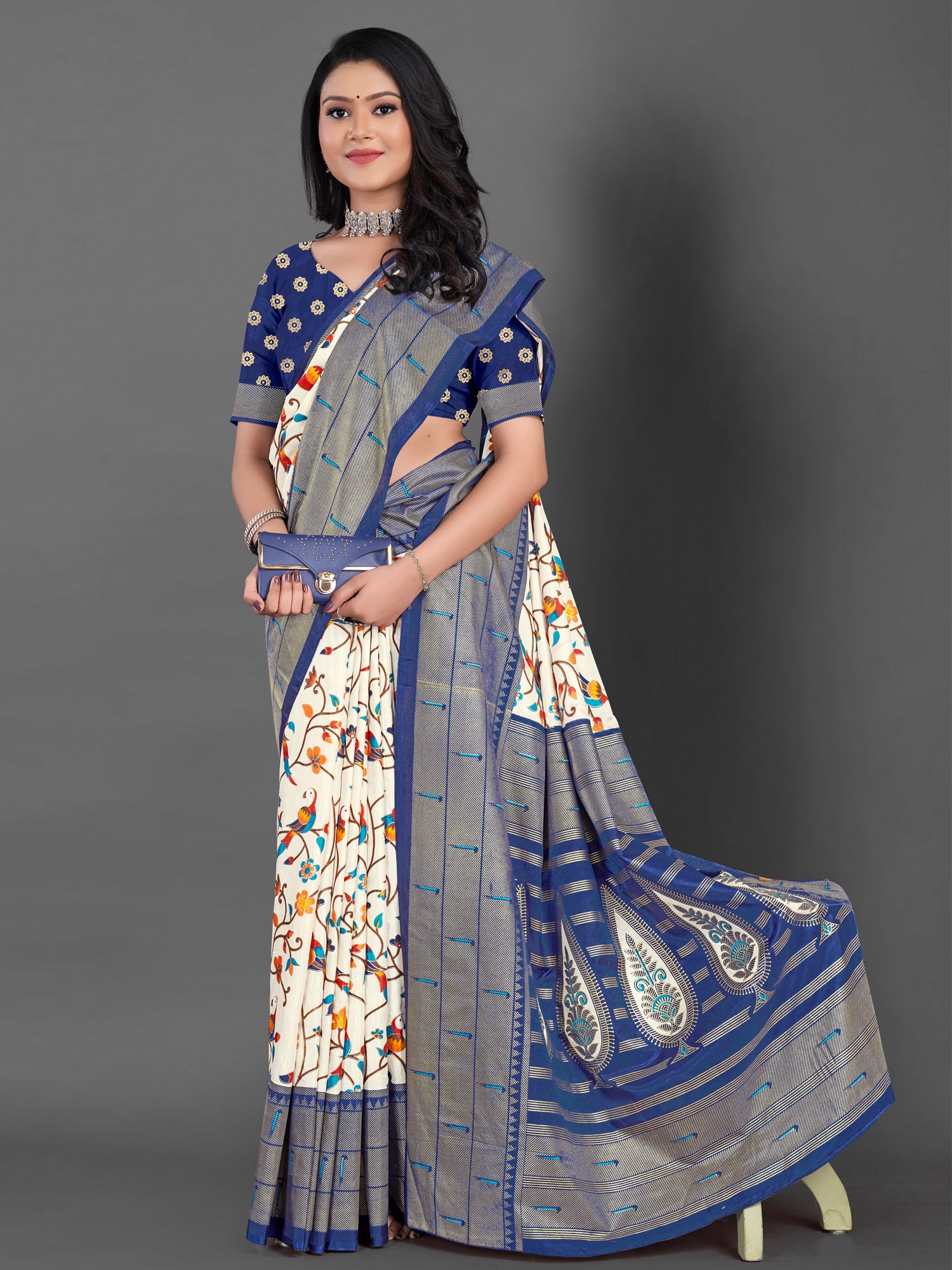 Women's Dola Silk Off White Printed Designer Saree With Blouse Piece