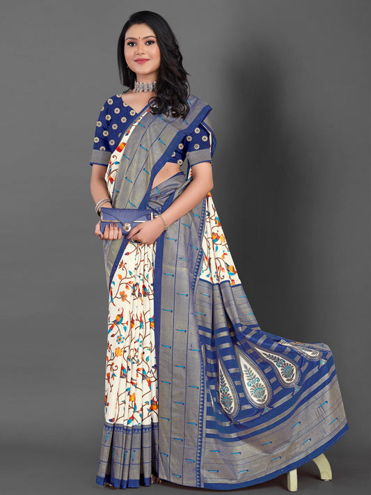 Women's Dola Silk Off White Printed Designer Saree With Blouse Piece