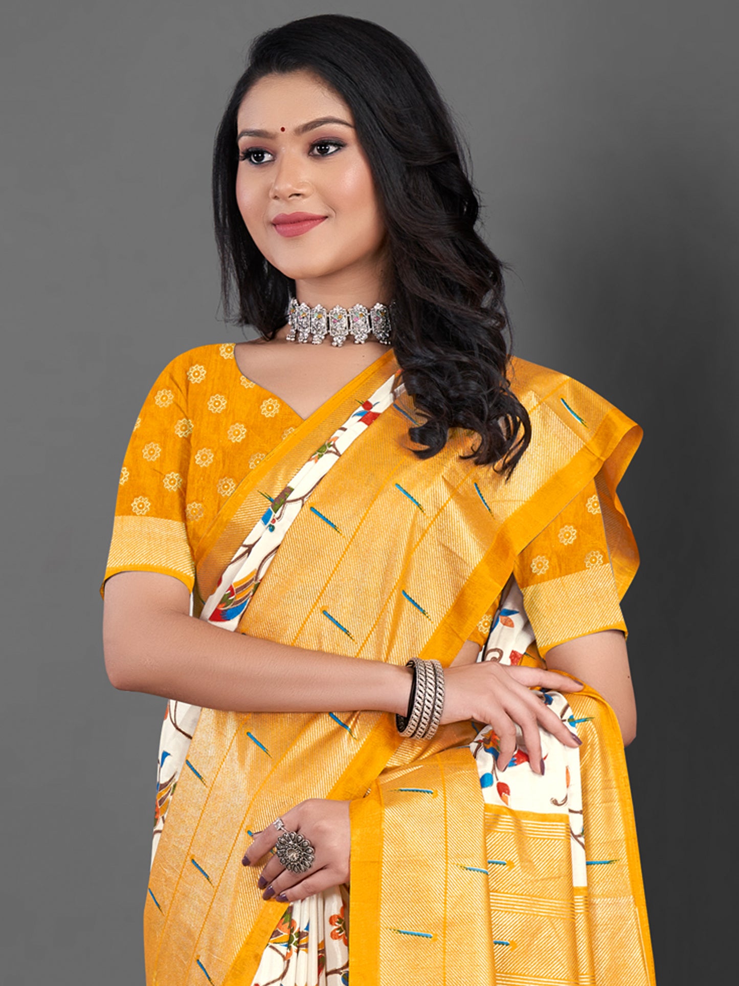 Women's Dola Silk Off White Printed Designer Saree With Blouse Piece