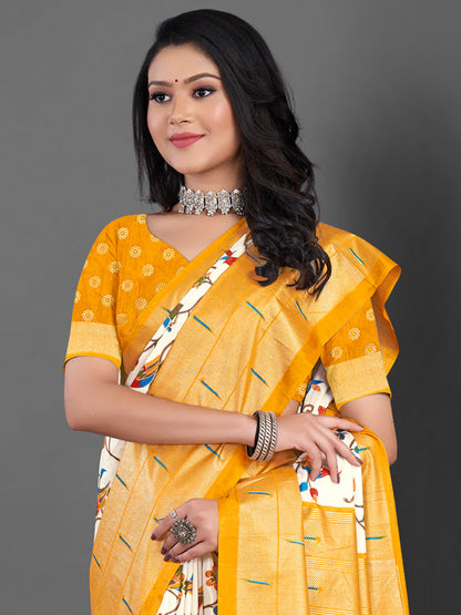 Women's Dola Silk Off White Printed Designer Saree With Blouse Piece