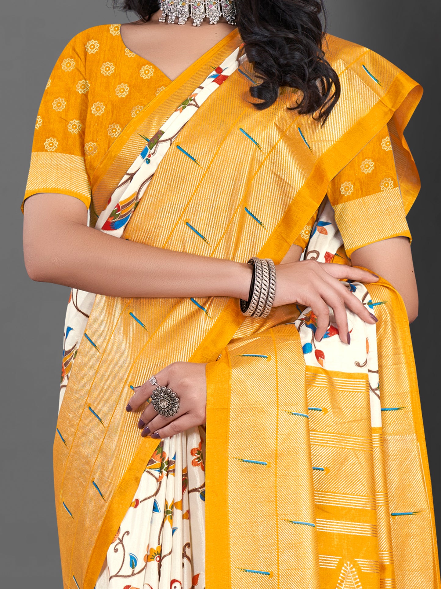 Women's Dola Silk Off White Printed Designer Saree With Blouse Piece