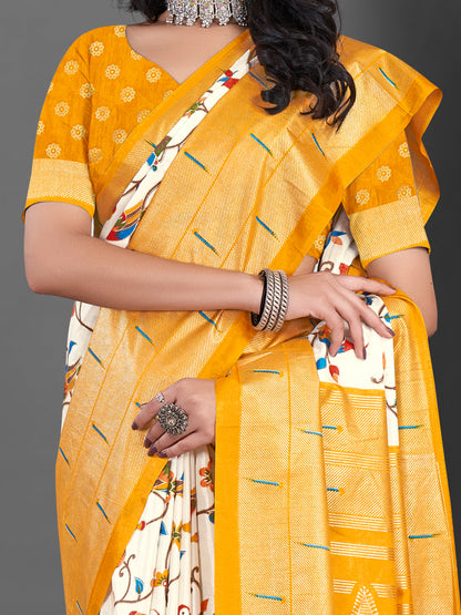 Women's Dola Silk Off White Printed Designer Saree With Blouse Piece