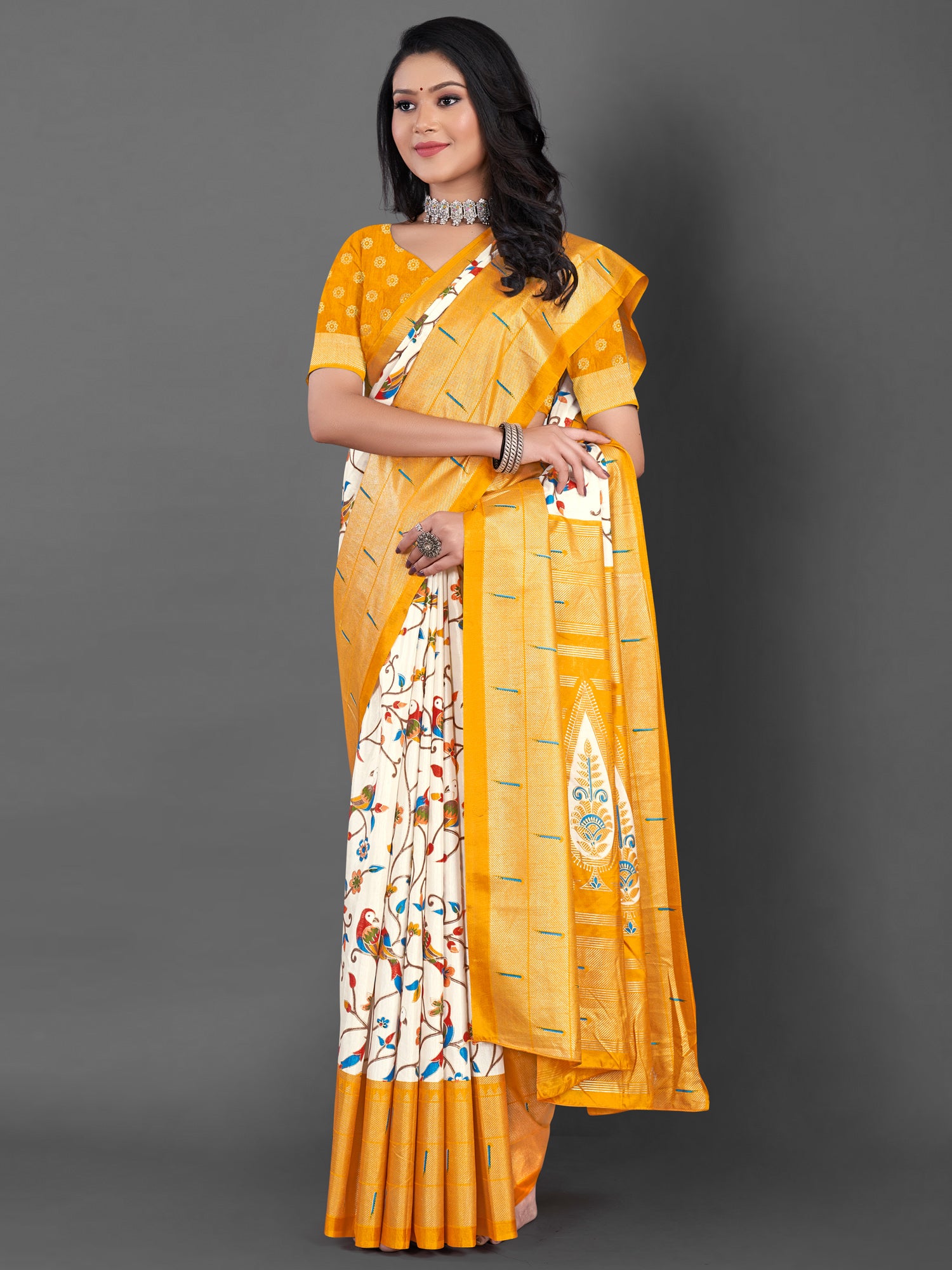 Women's Dola Silk Off White Printed Designer Saree With Blouse Piece
