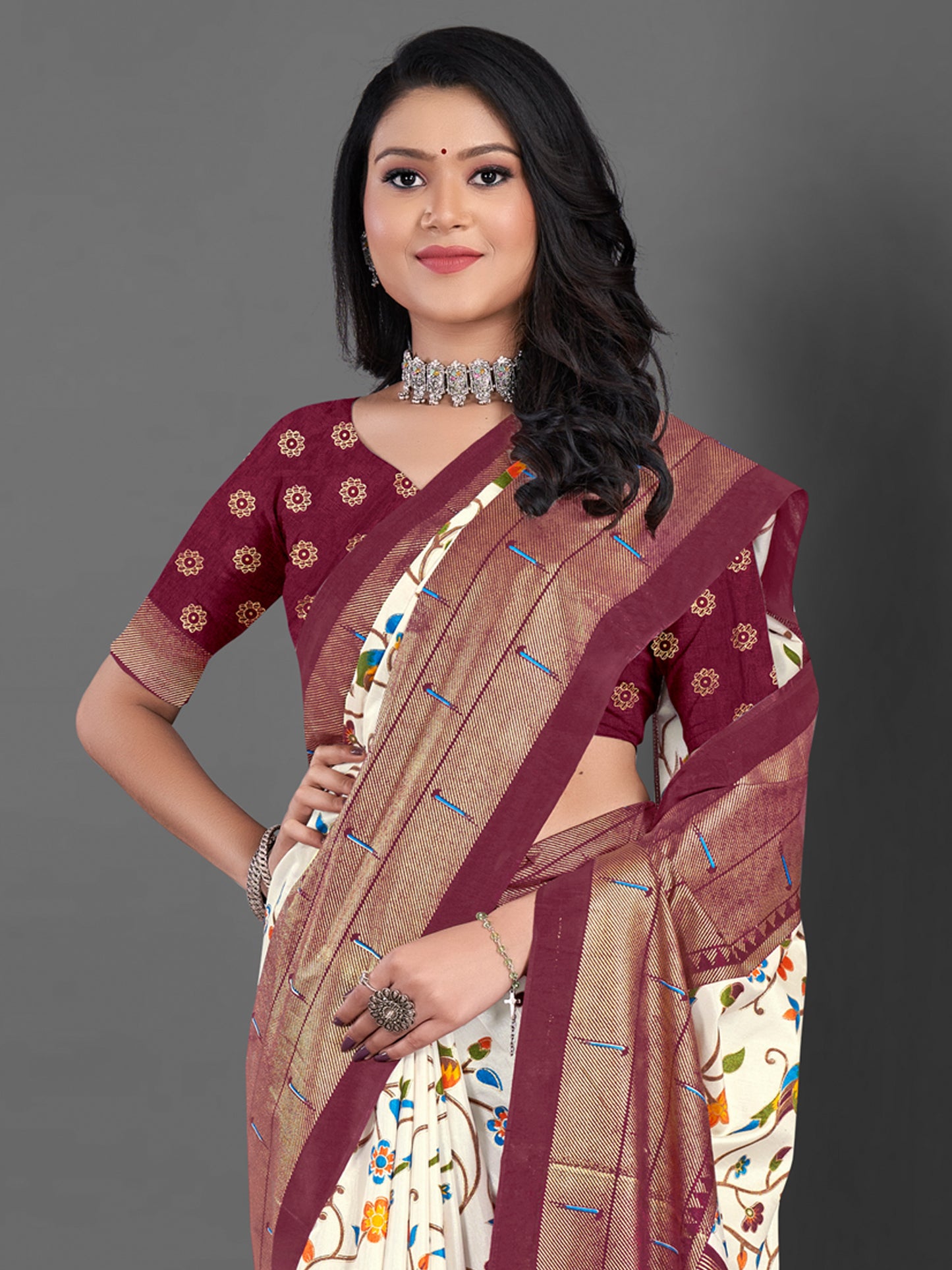 Women's Dola Silk Off White Printed Designer Saree With Blouse Piece