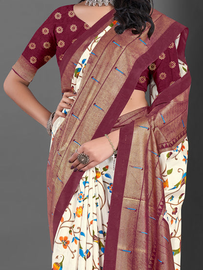 Women's Dola Silk Off White Printed Designer Saree With Blouse Piece