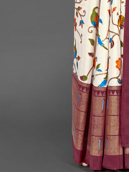 Women's Dola Silk Off White Printed Designer Saree With Blouse Piece