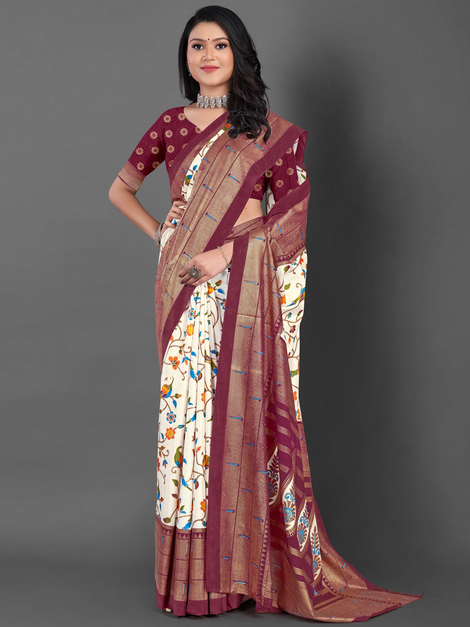 Women's Dola Silk Off White Printed Designer Saree With Blouse Piece