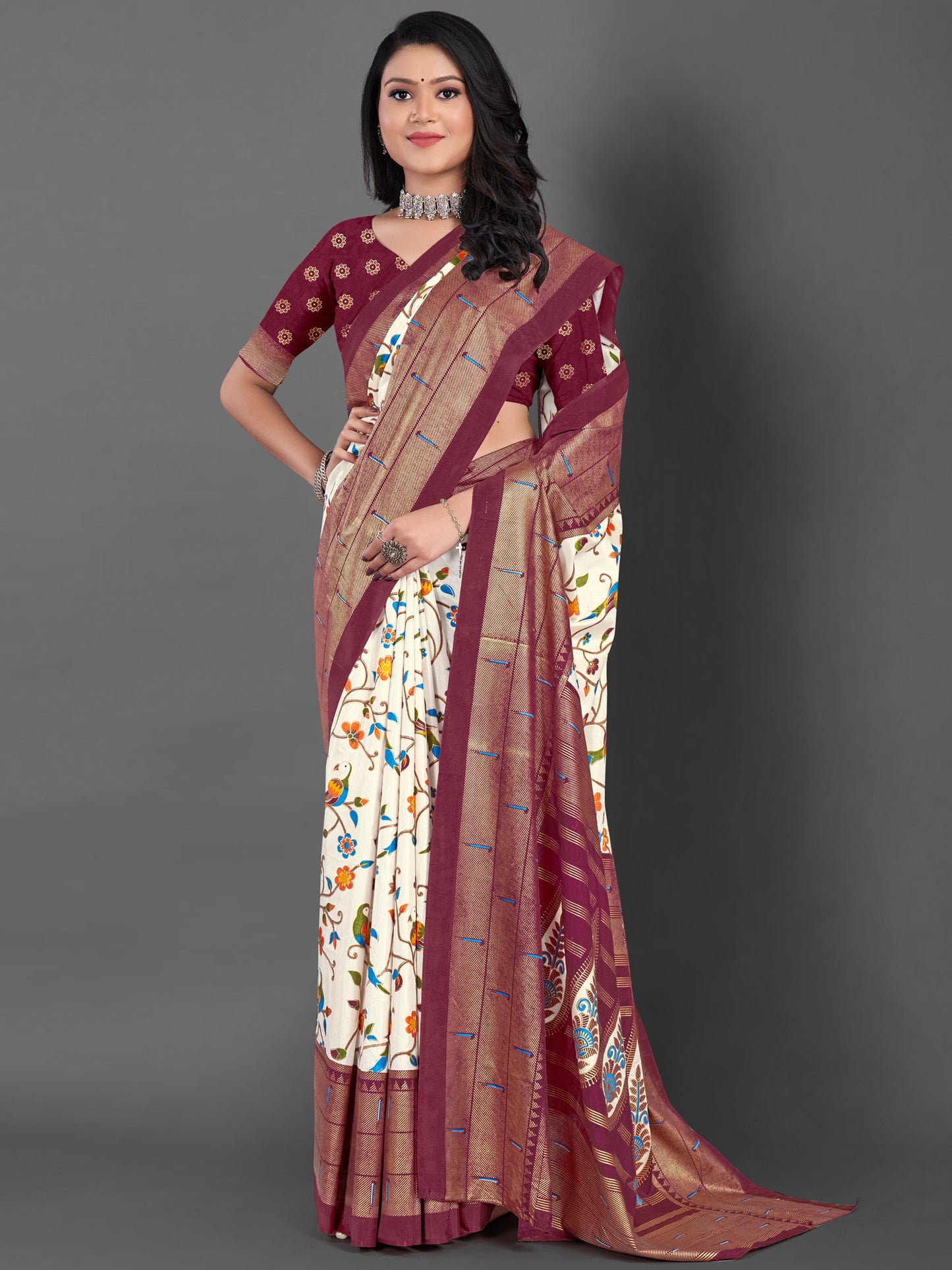 Women's Dola Silk Off White Printed Designer Saree With Blouse Piece