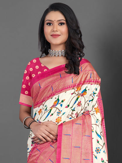 Women's Dola Silk Off White Printed Designer Saree With Blouse Piece