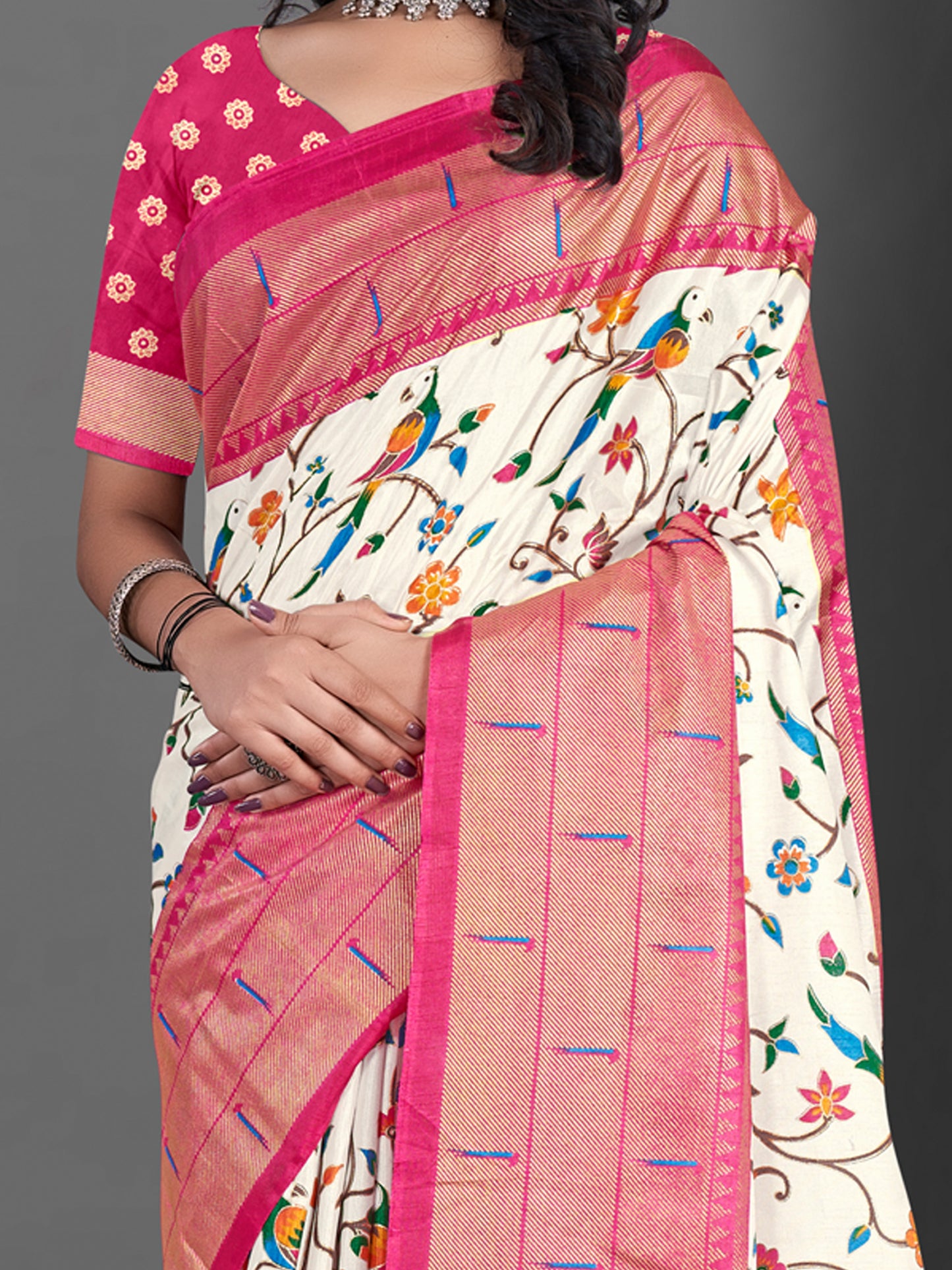 Women's Dola Silk Off White Printed Designer Saree With Blouse Piece