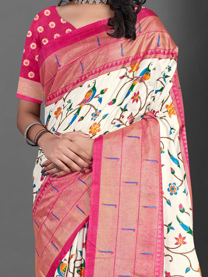 Women's Dola Silk Off White Printed Designer Saree With Blouse Piece