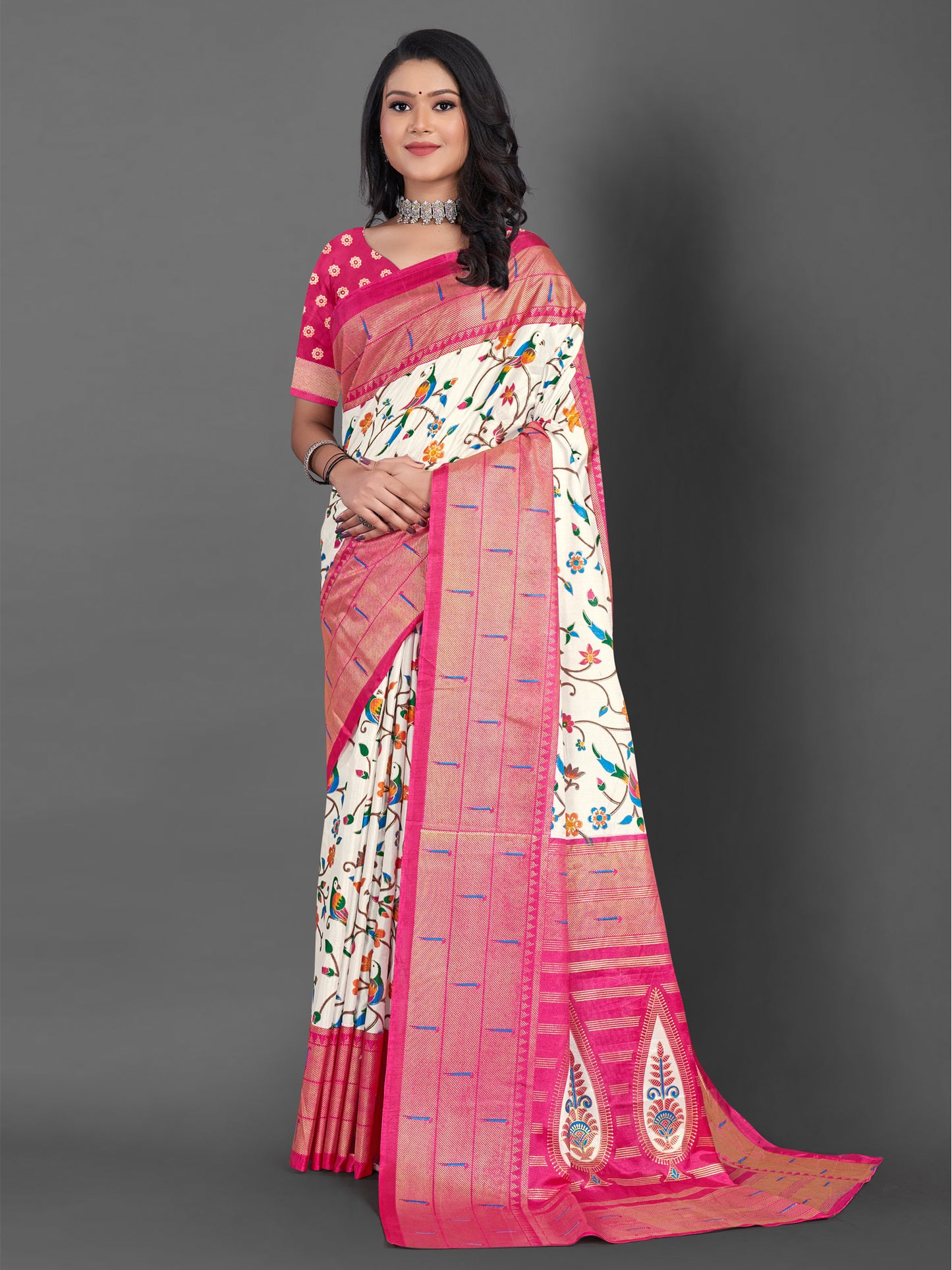 Women's Dola Silk Off White Printed Designer Saree With Blouse Piece