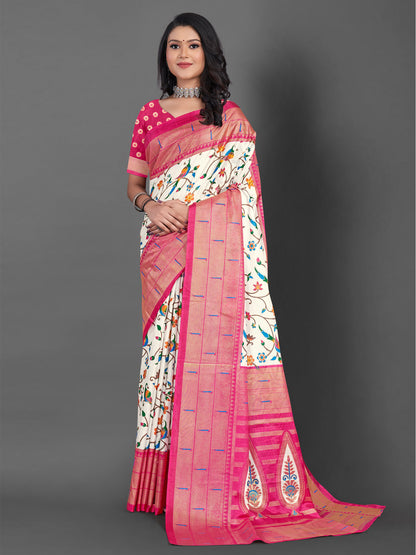 Women's Dola Silk Off White Printed Designer Saree With Blouse Piece