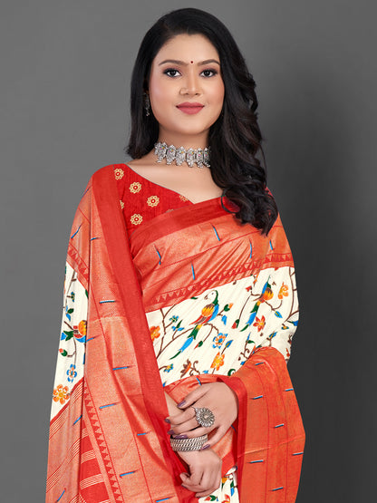 Women's Dola Silk Off White Printed Designer Saree With Blouse Piece