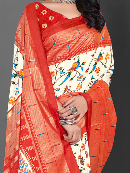Women's Dola Silk Off White Printed Designer Saree With Blouse Piece