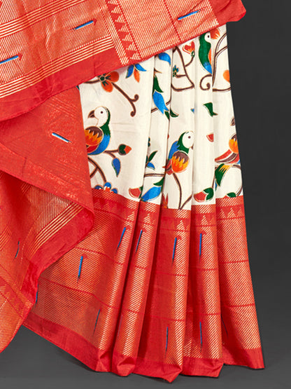 Women's Dola Silk Off White Printed Designer Saree With Blouse Piece