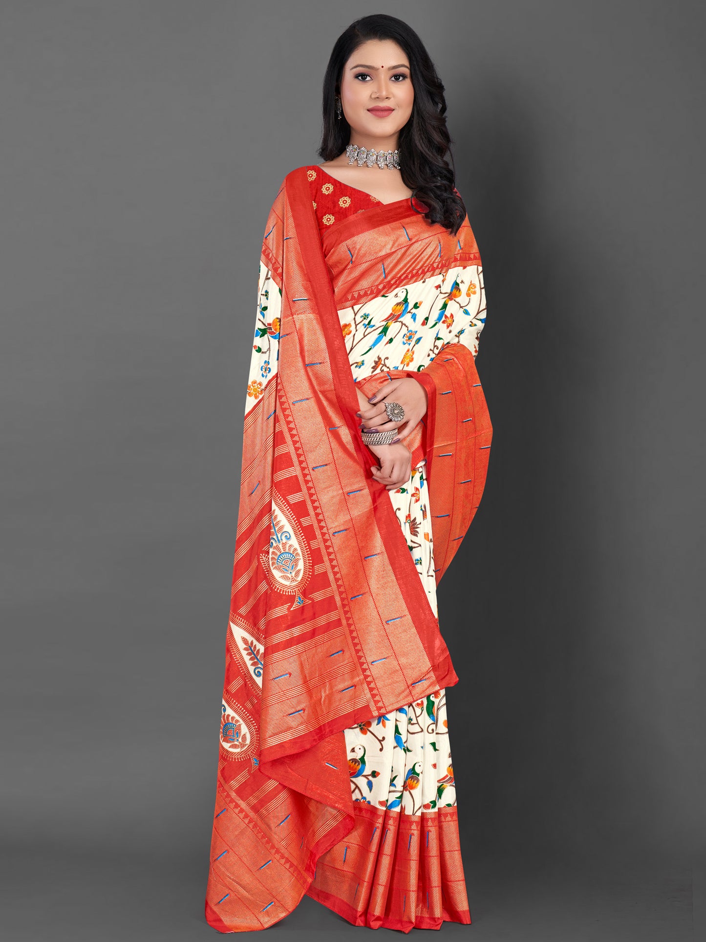 Women's Dola Silk Off White Printed Designer Saree With Blouse Piece