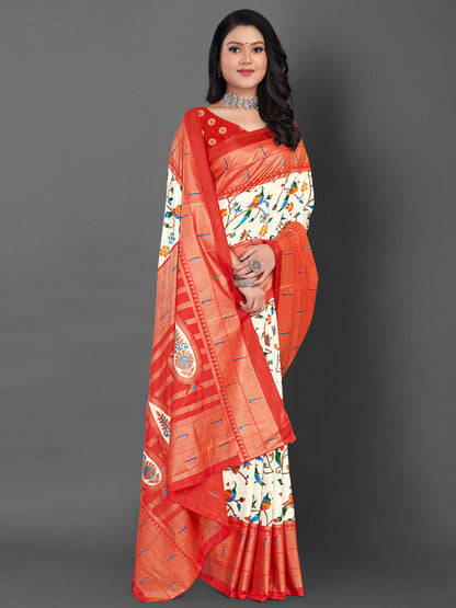 Women's Dola Silk Off White Printed Designer Saree With Blouse Piece