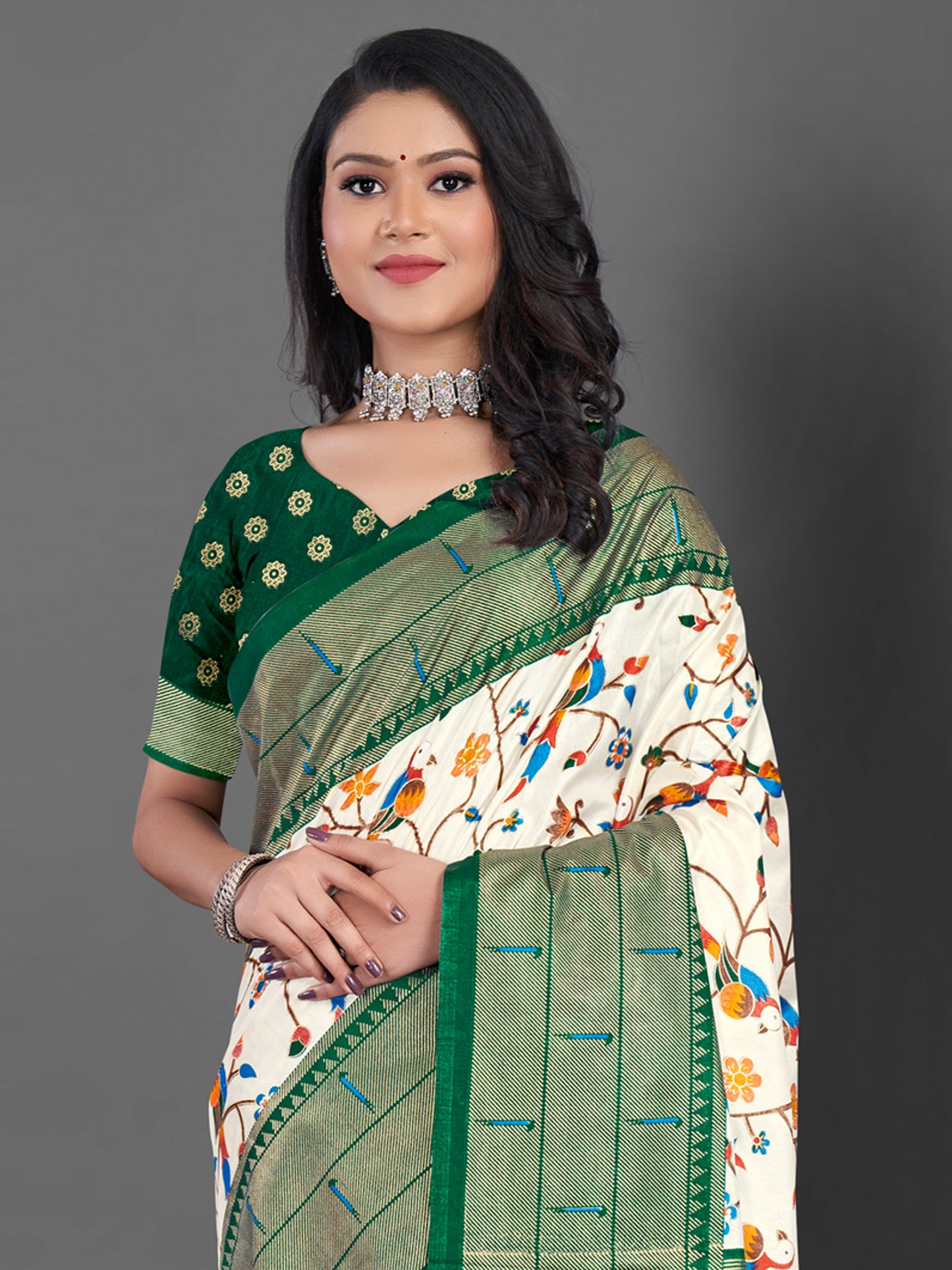 Women's Dola Silk Off White Printed Designer Saree With Blouse Piece