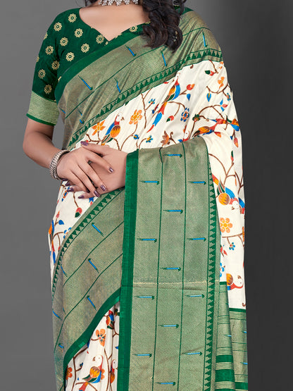 Women's Dola Silk Off White Printed Designer Saree With Blouse Piece