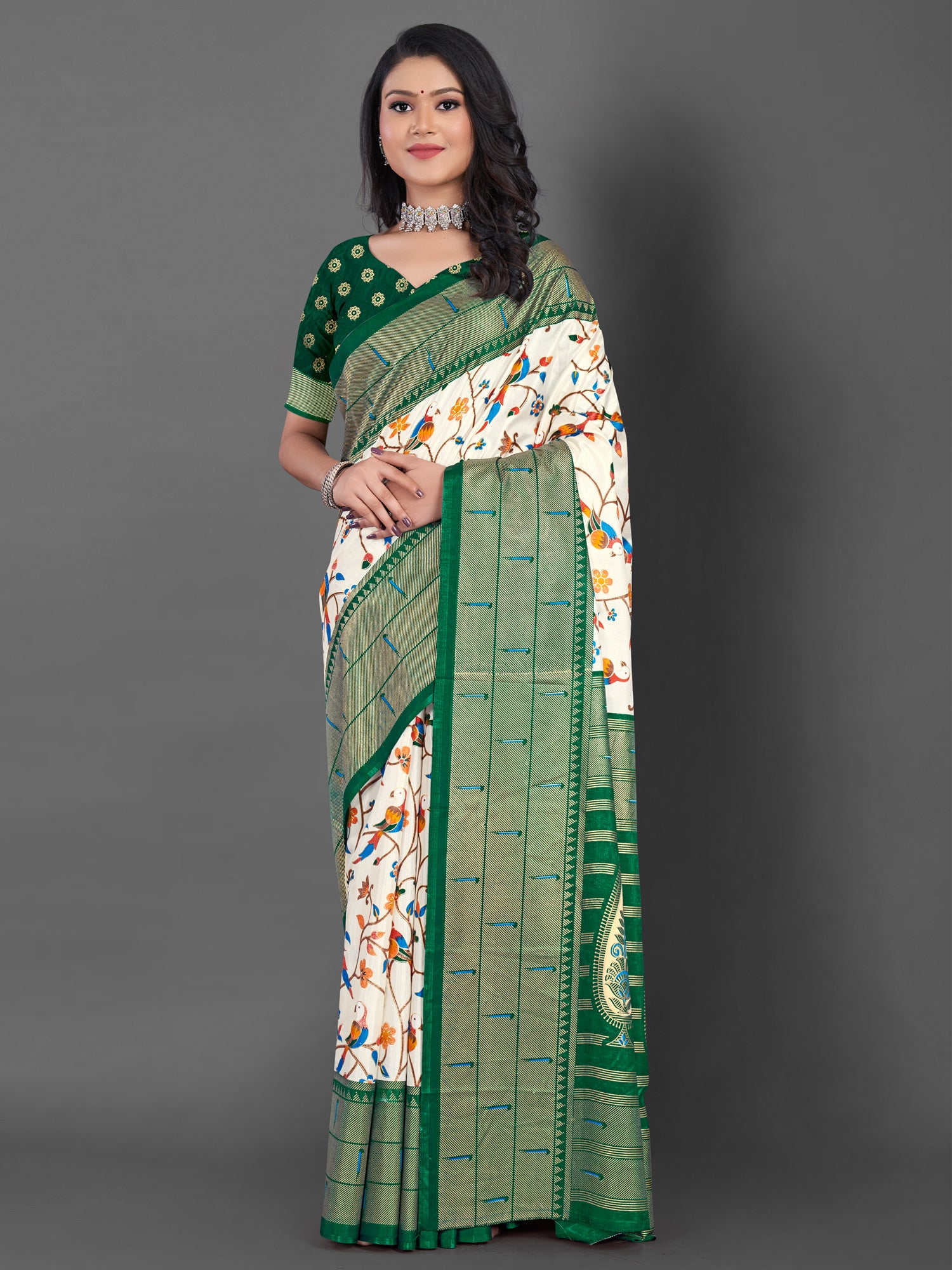 Women's Dola Silk Off White Printed Designer Saree With Blouse Piece