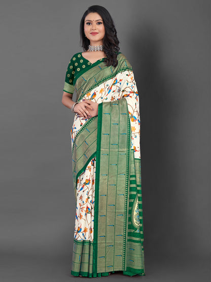 Women's Dola Silk Off White Printed Designer Saree With Blouse Piece
