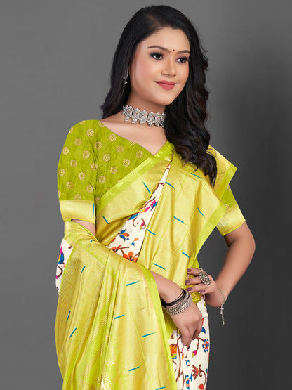 Women's Dola Silk Off White Printed Designer Saree With Blouse Piece