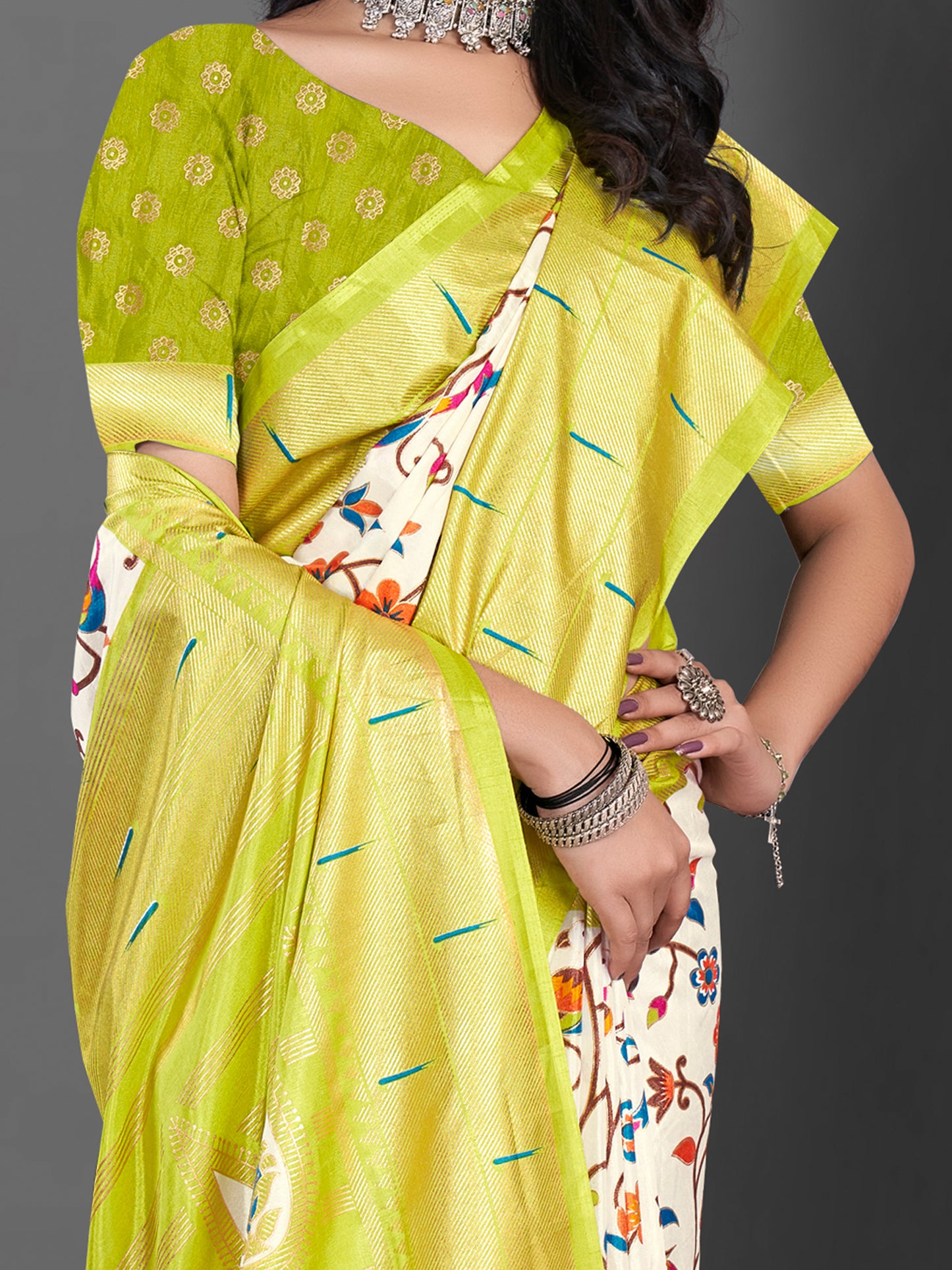 Women's Dola Silk Off White Printed Designer Saree With Blouse Piece