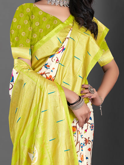 Women's Dola Silk Off White Printed Designer Saree With Blouse Piece