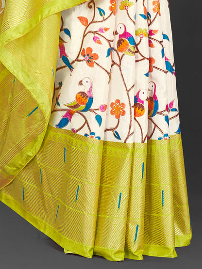 Women's Dola Silk Off White Printed Designer Saree With Blouse Piece